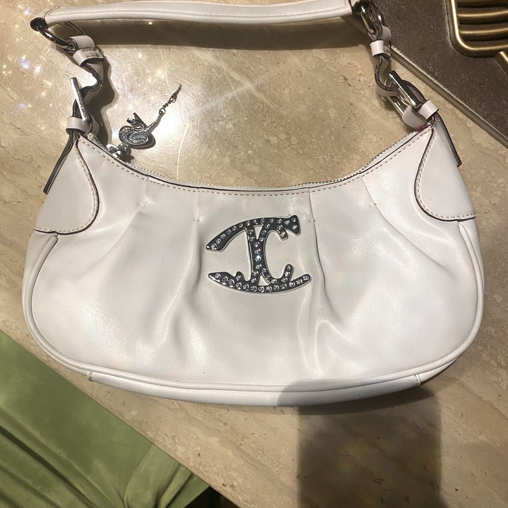 Authentic Just Cavalli White Leather shoulder bag w silver diamanté detailing